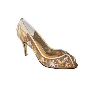 Caparros Patrice Gold Silk Floral Pattern Embroidered Sheer Mesh Womens Size 10